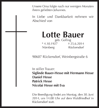 Traueranzeige von Lotte Bauer von Pegnitz-Zeitung